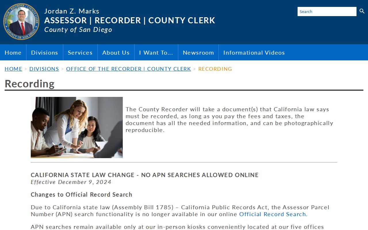 Poway previous residents research view of county recording guidance